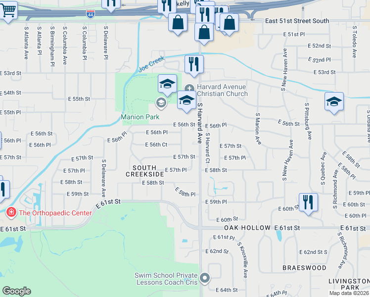 map of restaurants, bars, coffee shops, grocery stores, and more near 5651 S Gary Ave in Tulsa