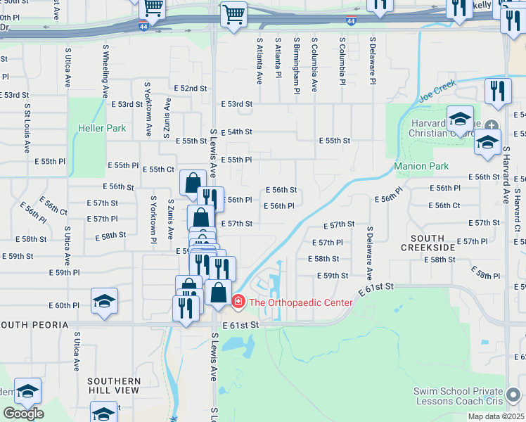 map of restaurants, bars, coffee shops, grocery stores, and more near 2506 East 56th Place in Tulsa