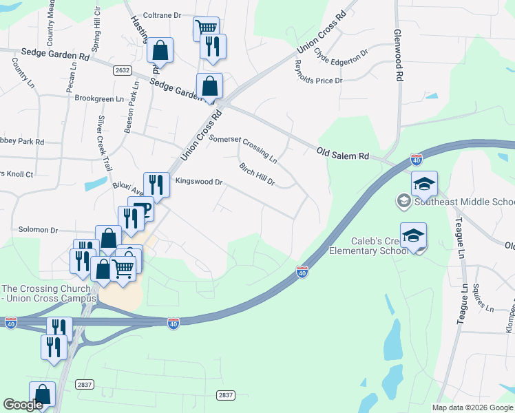 map of restaurants, bars, coffee shops, grocery stores, and more near 1136 Kingswood Drive in Kernersville