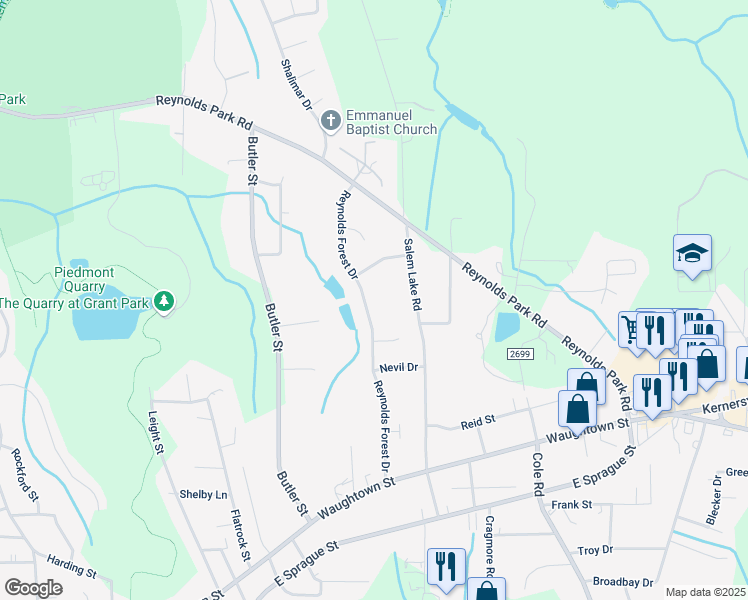 map of restaurants, bars, coffee shops, grocery stores, and more near 1253 Reynolds Forest Drive in Winston-Salem