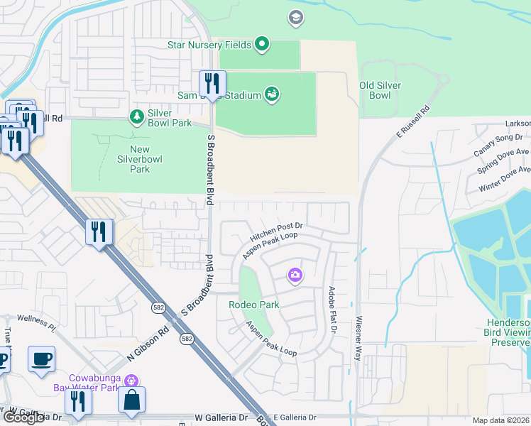 map of restaurants, bars, coffee shops, grocery stores, and more near 5940 Moondance Court in Henderson