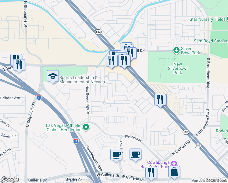 map of restaurants, bars, coffee shops, grocery stores, and more near 5956 High Steed Street in Henderson
