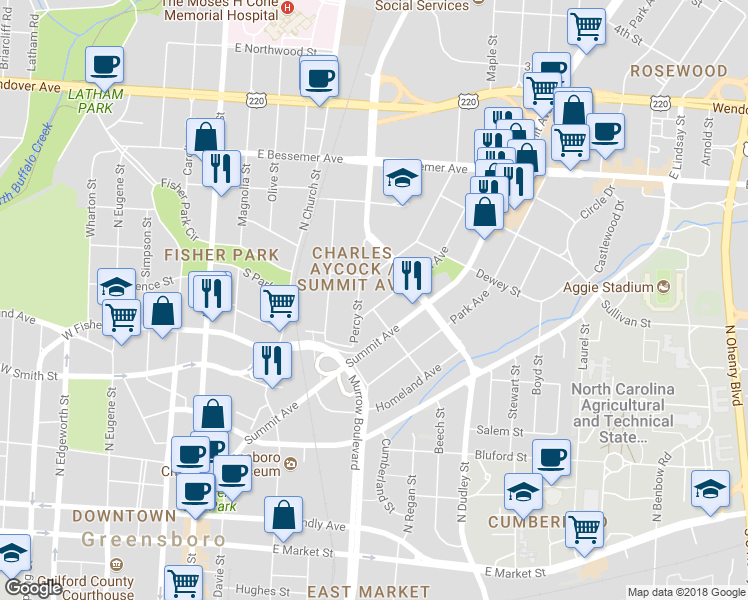 map of restaurants, bars, coffee shops, grocery stores, and more near 607 5th Avenue in Greensboro