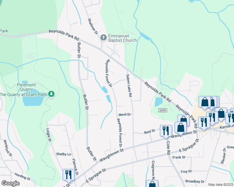 map of restaurants, bars, coffee shops, grocery stores, and more near 1253 Reynolds Forest Drive in Winston-Salem