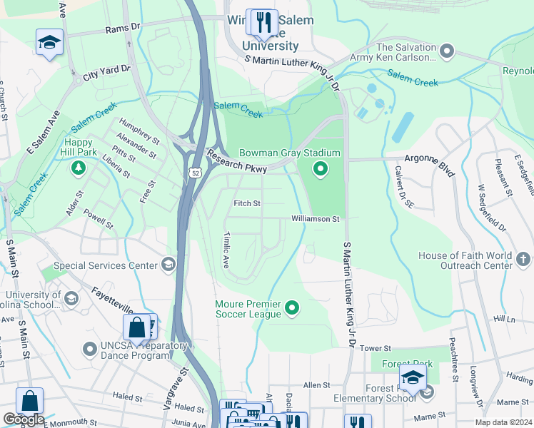 map of restaurants, bars, coffee shops, grocery stores, and more near 1503 Williamson Street in Winston-Salem