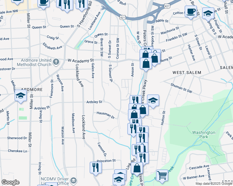 map of restaurants, bars, coffee shops, grocery stores, and more near 812 South Sunset Drive in Winston-Salem