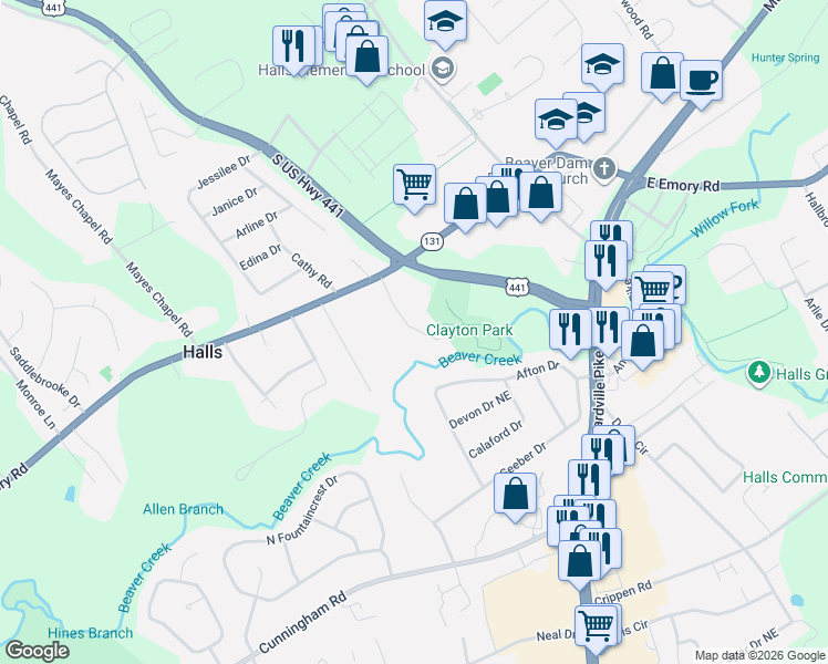 map of restaurants, bars, coffee shops, grocery stores, and more near 7324 Shalimar Point Way in Knoxville