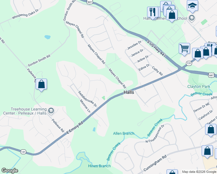 map of restaurants, bars, coffee shops, grocery stores, and more near 7534 Willow Spring Drive in Knoxville