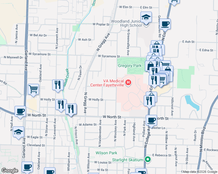 map of restaurants, bars, coffee shops, grocery stores, and more near 234 West Lawson Street in Fayetteville