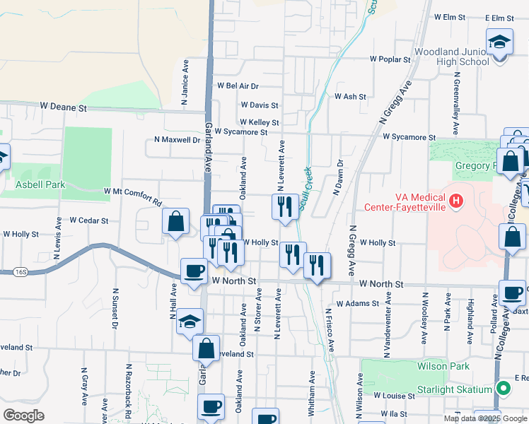 map of restaurants, bars, coffee shops, grocery stores, and more near 1375 North Leverett Avenue in Fayetteville