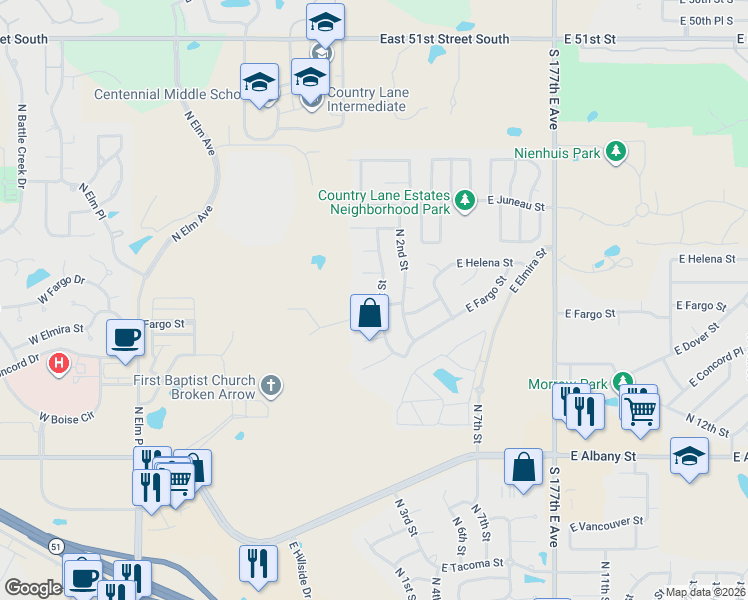 map of restaurants, bars, coffee shops, grocery stores, and more near 3001 North 1st Street in Broken Arrow