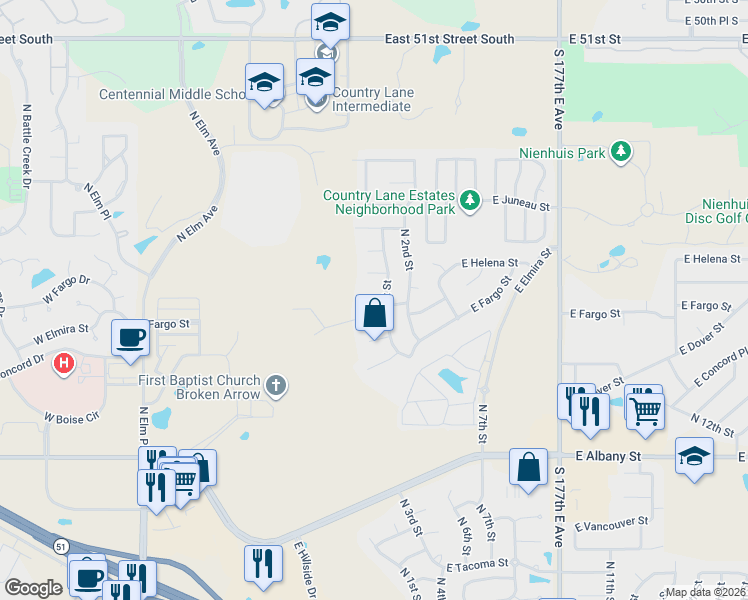 map of restaurants, bars, coffee shops, grocery stores, and more near 3001 North 1st Street in Broken Arrow