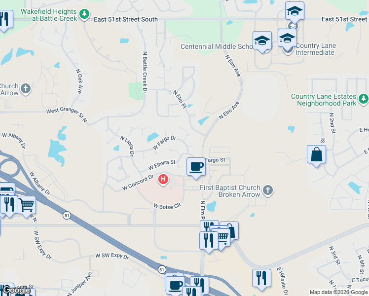 map of restaurants, bars, coffee shops, grocery stores, and more near 809 West Fargo Drive in Broken Arrow