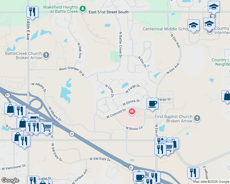 map of restaurants, bars, coffee shops, grocery stores, and more near 1124 West Fargo Drive in Broken Arrow