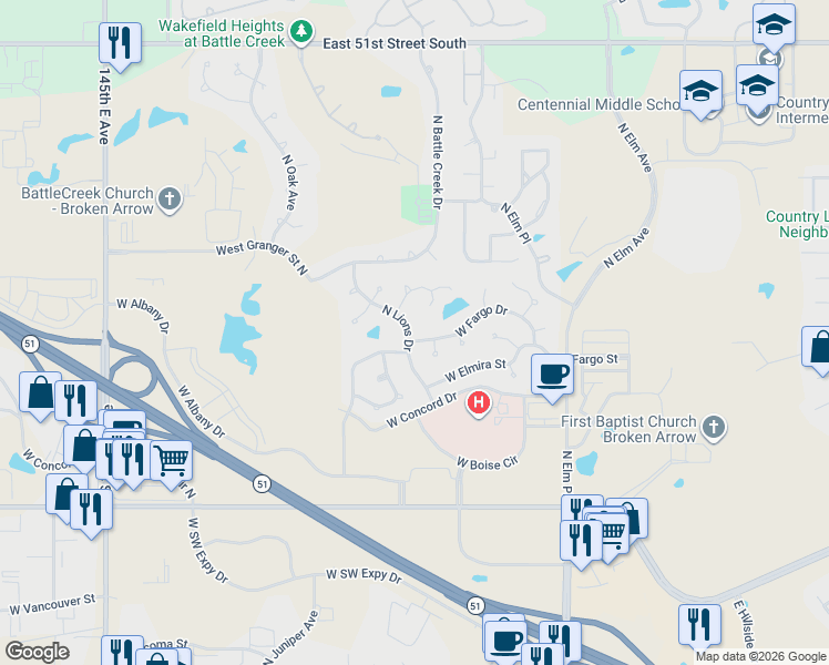 map of restaurants, bars, coffee shops, grocery stores, and more near 1124 West Fargo Drive in Broken Arrow