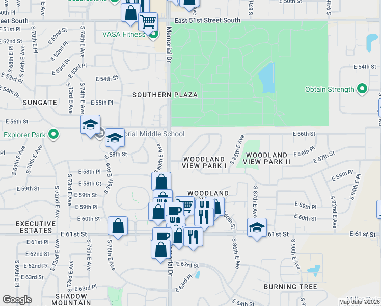 map of restaurants, bars, coffee shops, grocery stores, and more near 5635 South 82nd East Avenue in Tulsa