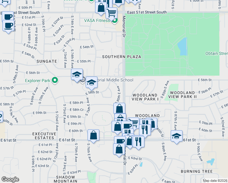 map of restaurants, bars, coffee shops, grocery stores, and more near 5744 South 80th East Avenue in Tulsa