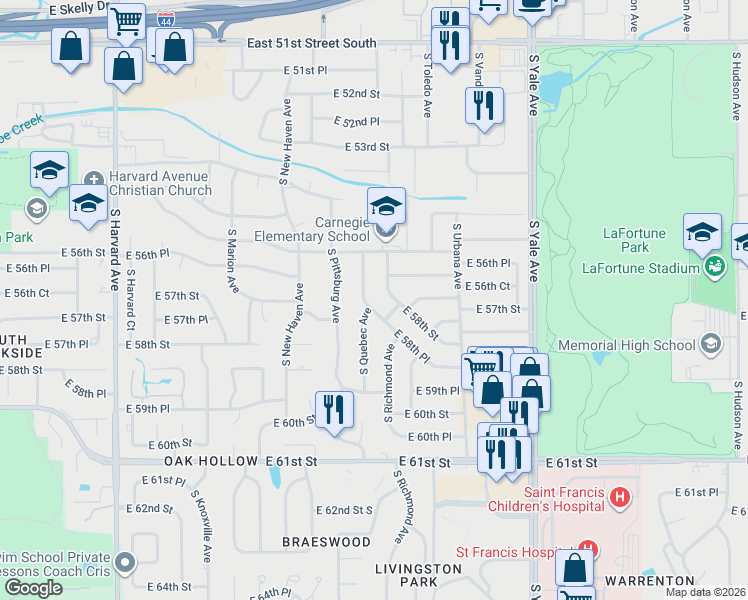 map of restaurants, bars, coffee shops, grocery stores, and more near 5644 South Quebec Avenue in Tulsa