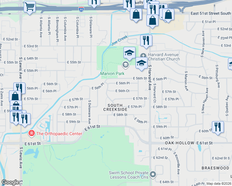 map of restaurants, bars, coffee shops, grocery stores, and more near 2938 East 56th Court in Tulsa