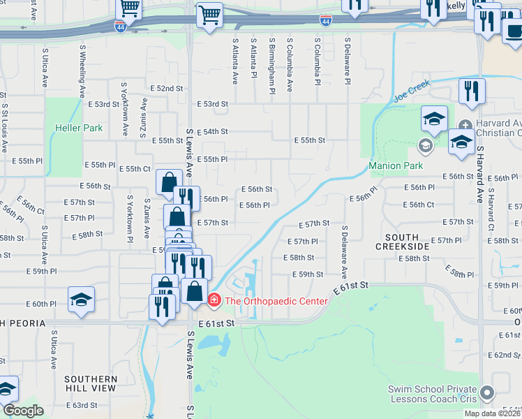 map of restaurants, bars, coffee shops, grocery stores, and more near 2536 East 56th Place in Tulsa
