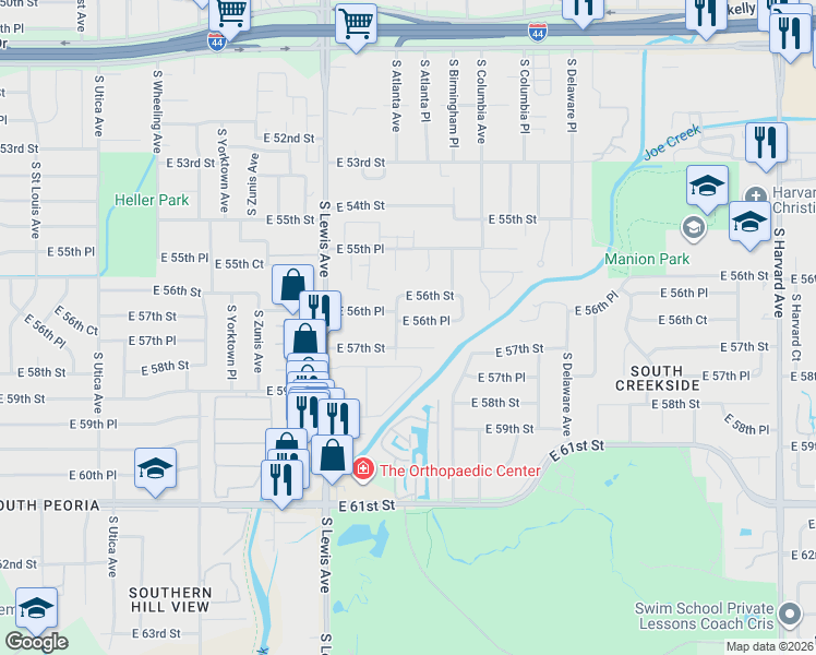 map of restaurants, bars, coffee shops, grocery stores, and more near 2506 East 56th Place in Tulsa