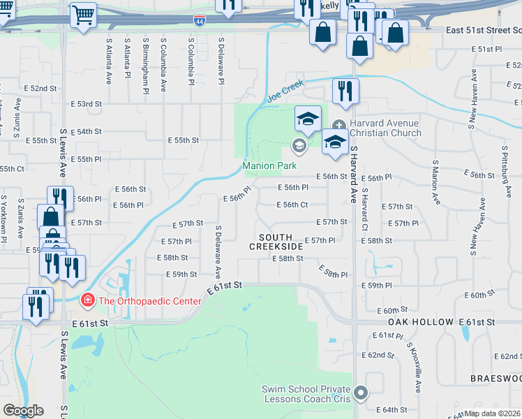 map of restaurants, bars, coffee shops, grocery stores, and more near 2906 E 56th Ct in Tulsa