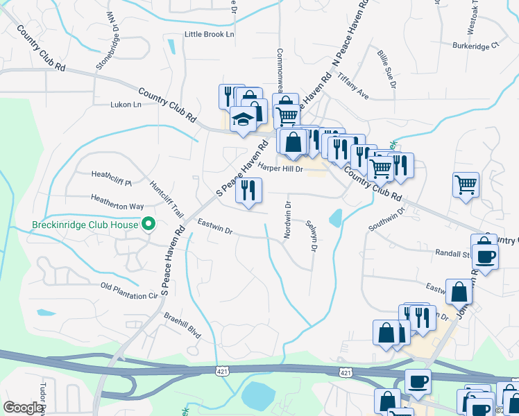 map of restaurants, bars, coffee shops, grocery stores, and more near 145 Sterling Point Court in Winston-Salem