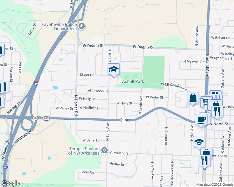 map of restaurants, bars, coffee shops, grocery stores, and more near 2017 West Lawson Street in Fayetteville