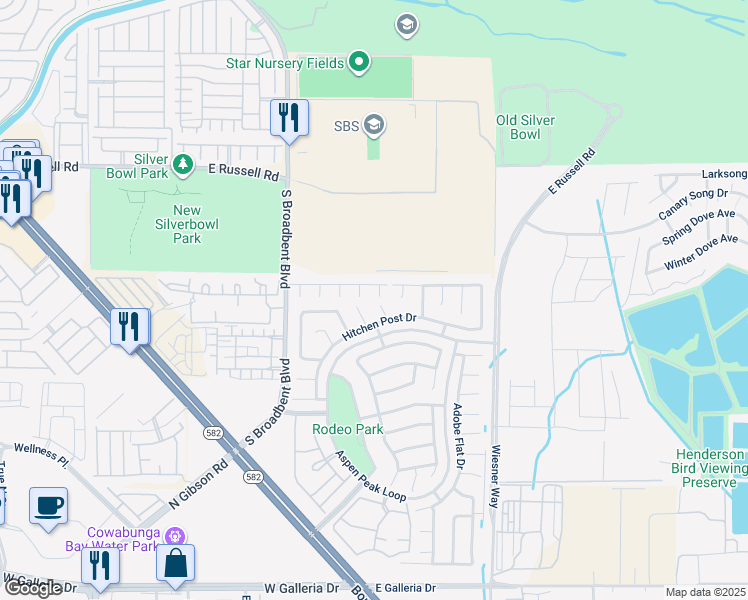 map of restaurants, bars, coffee shops, grocery stores, and more near 5947 Silver Trace Court in Henderson