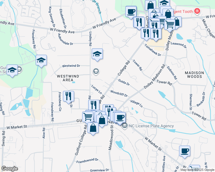 map of restaurants, bars, coffee shops, grocery stores, and more near 313 College Road in Greensboro
