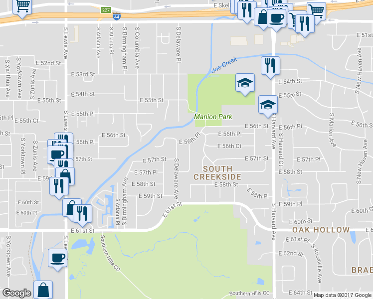 map of restaurants, bars, coffee shops, grocery stores, and more near 5648 South Delaware Place in Tulsa