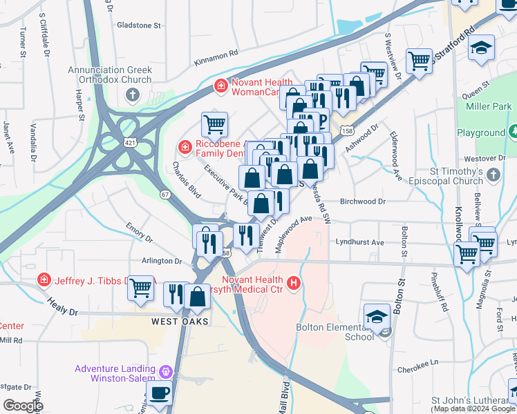 map of restaurants, bars, coffee shops, grocery stores, and more near 1020 South Stratford Road in Winston-Salem
