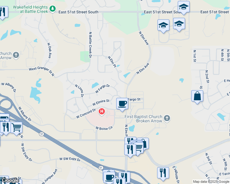 map of restaurants, bars, coffee shops, grocery stores, and more near 809 West Fargo Drive in Broken Arrow