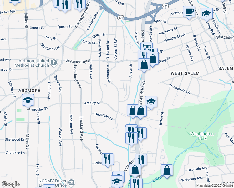 map of restaurants, bars, coffee shops, grocery stores, and more near 812 South Sunset Drive in Winston-Salem
