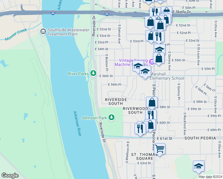 map of restaurants, bars, coffee shops, grocery stores, and more near 137 East 57th Street in Tulsa