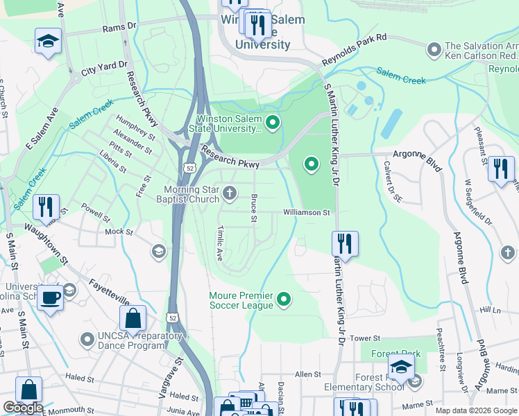 map of restaurants, bars, coffee shops, grocery stores, and more near 1511 Williamson Street in Winston-Salem