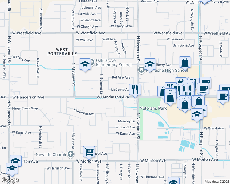 map of restaurants, bars, coffee shops, grocery stores, and more near 1731 McComb Avenue in Porterville