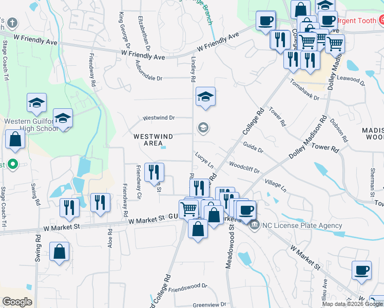 map of restaurants, bars, coffee shops, grocery stores, and more near 301 Lindley Road in Greensboro