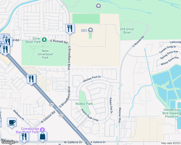 map of restaurants, bars, coffee shops, grocery stores, and more near 5940 Moondance Court in Henderson