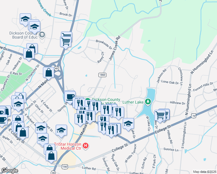 map of restaurants, bars, coffee shops, grocery stores, and more near 511 Leeza Loop in Dickson