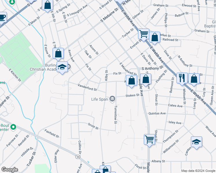 map of restaurants, bars, coffee shops, grocery stores, and more near 908 Kilby Street in Burlington