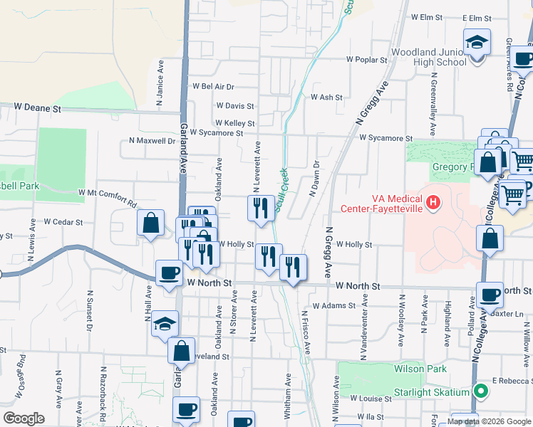 map of restaurants, bars, coffee shops, grocery stores, and more near 762 West Breeze Cove in Fayetteville