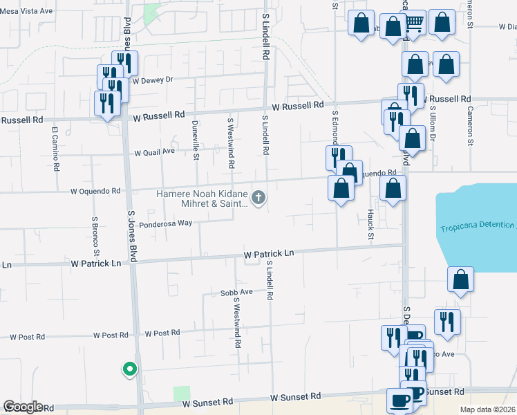 map of restaurants, bars, coffee shops, grocery stores, and more near 5985 South Lindell Road in Las Vegas