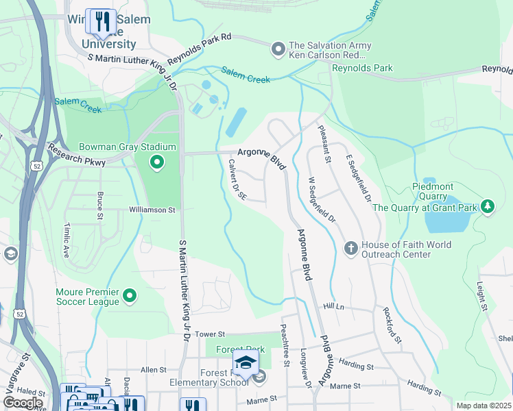 map of restaurants, bars, coffee shops, grocery stores, and more near 1352 Calvert Drive Southeast in Winston-Salem