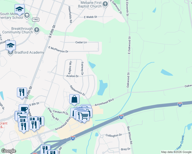 map of restaurants, bars, coffee shops, grocery stores, and more near 905 Avalon Drive in Mebane