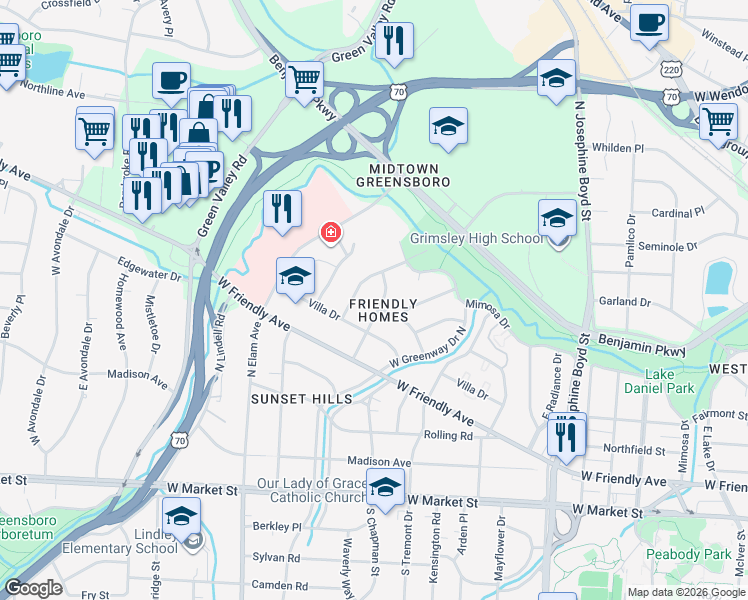map of restaurants, bars, coffee shops, grocery stores, and more near in Greensboro