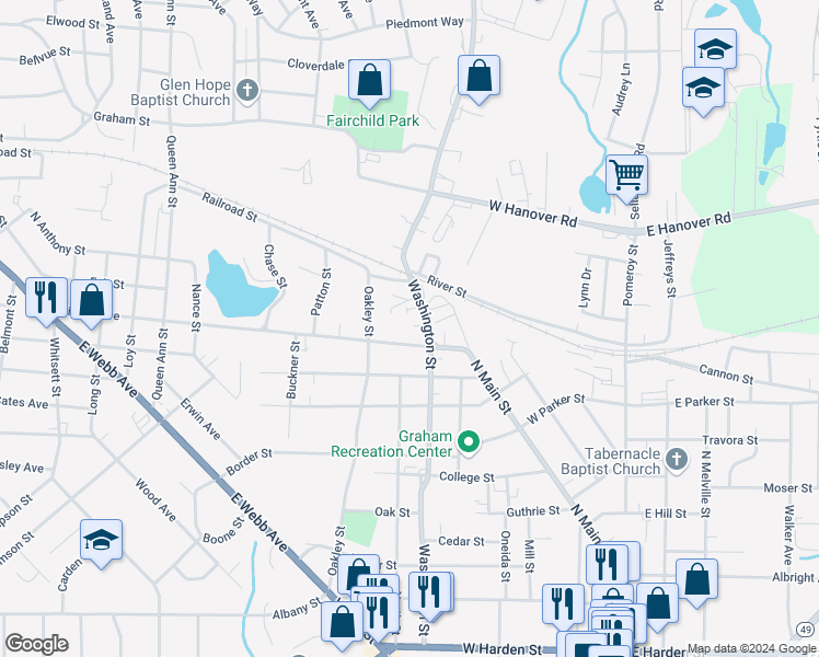 map of restaurants, bars, coffee shops, grocery stores, and more near 406 Scott Street in Graham