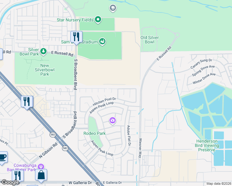 map of restaurants, bars, coffee shops, grocery stores, and more near 1077 Colt Arms Street in Henderson