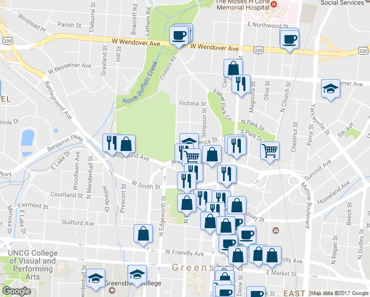 map of restaurants, bars, coffee shops, grocery stores, and more near 719 North Eugene Street in Greensboro