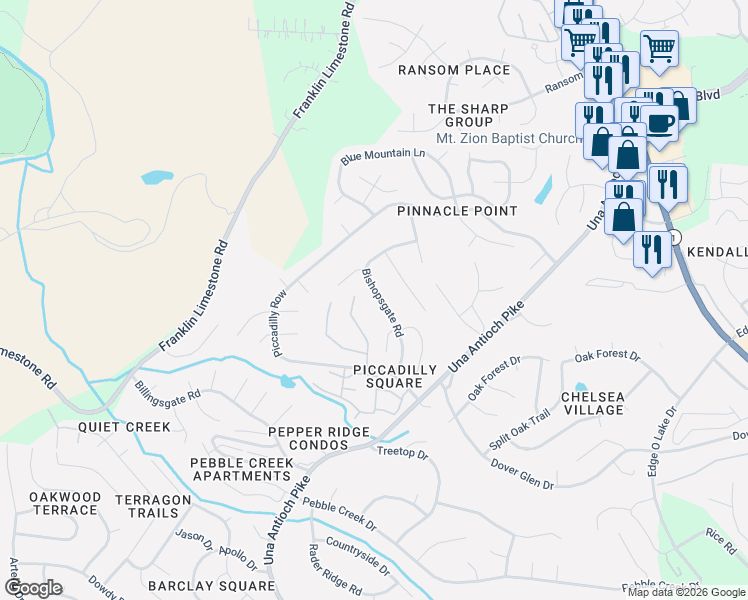 map of restaurants, bars, coffee shops, grocery stores, and more near 820 Bishopsgate Road in Nashville